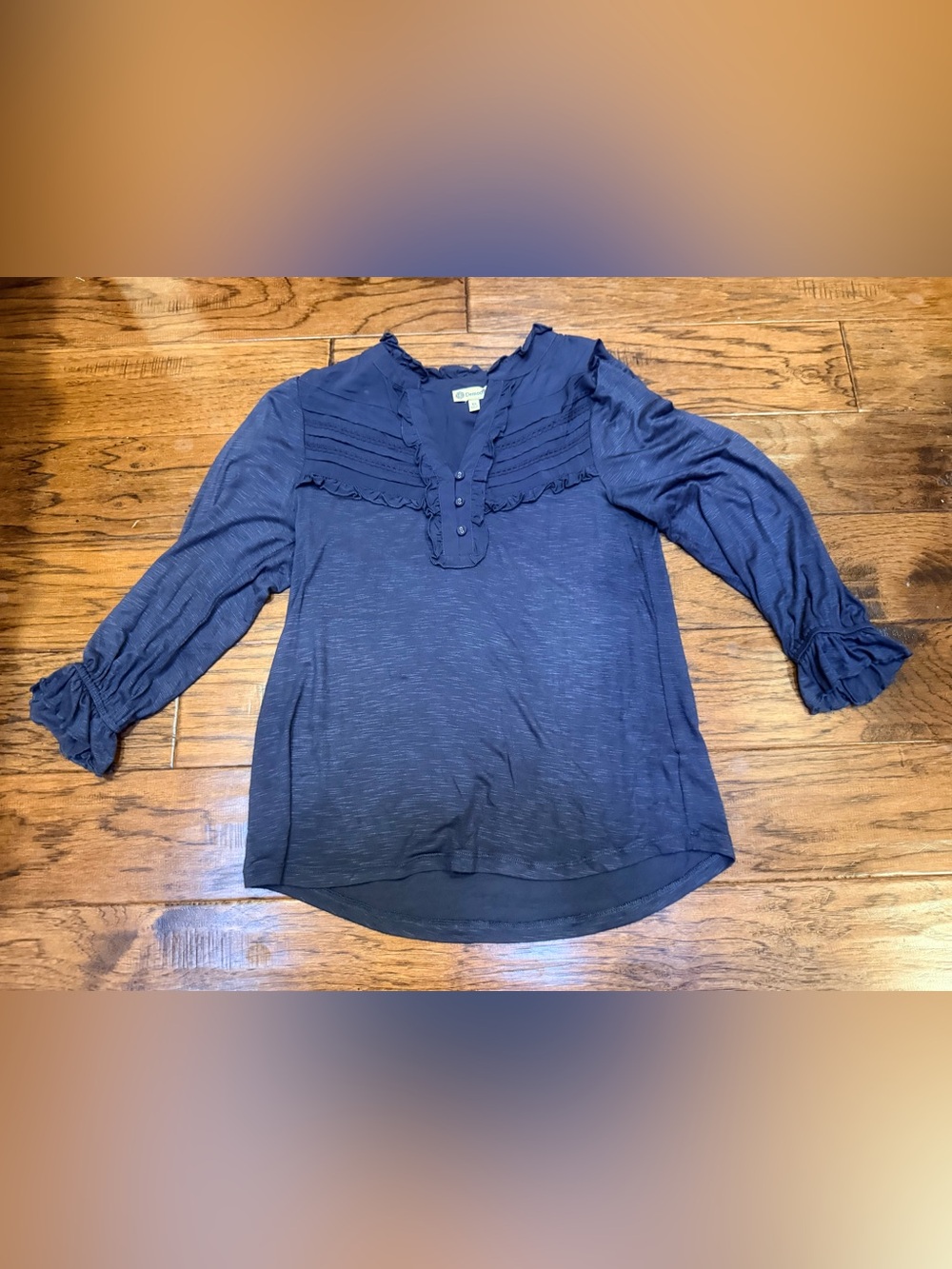 Democracy XS Navy Ruffle Henley Blouse Pintuck Long Sleeve Boho Festival Top - Picture 11 of 13